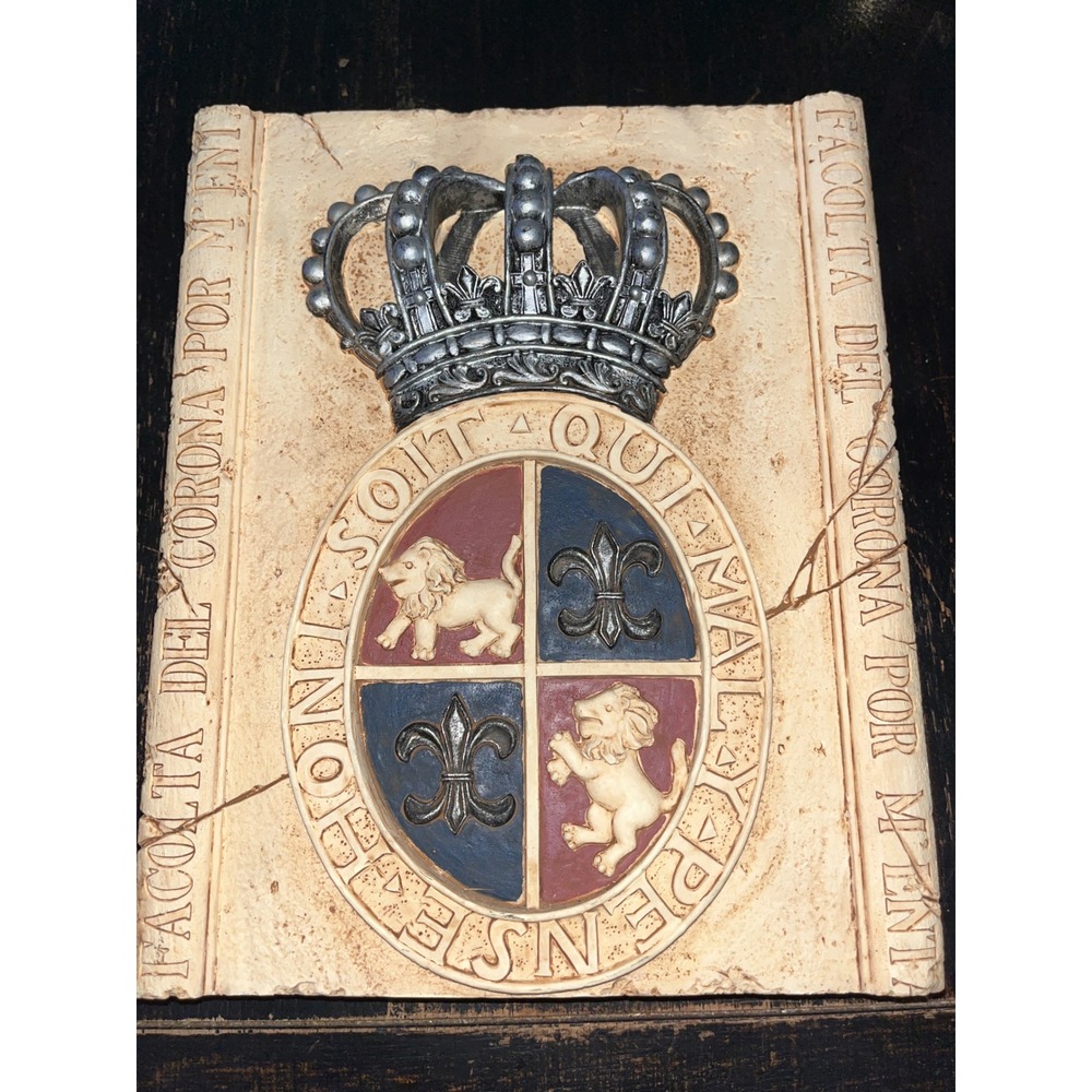 Vintage Heraldic Coat of Arms Wall Plaque Lions Fleur-de-Lis Crown Relief 10.5"